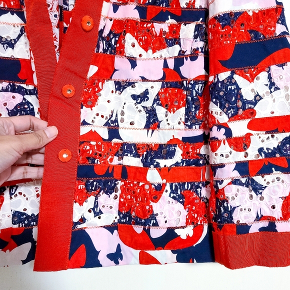 RENA LANGE 100% Cotton Red Eyelet Floral Boho Butterfly Blazer size 8 - Picture 5 of 8